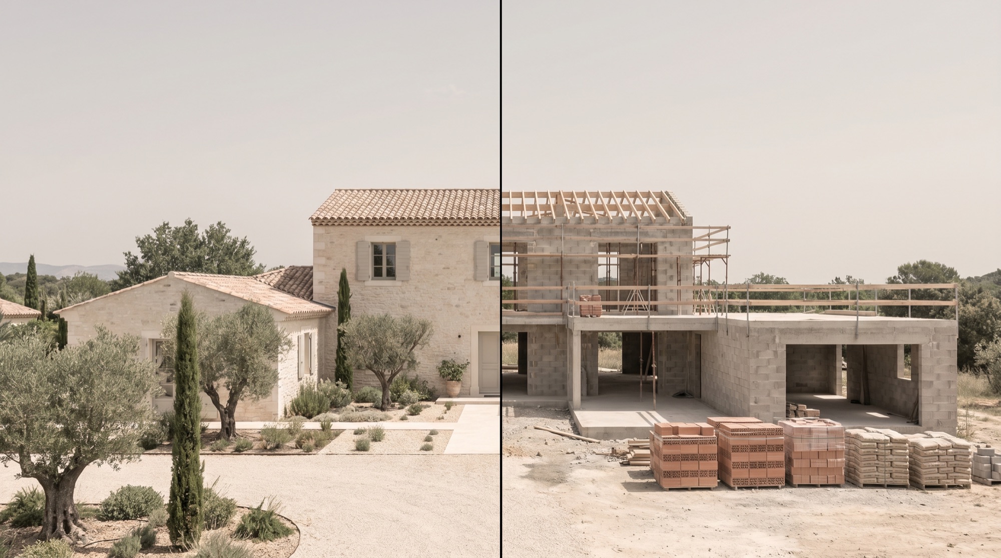 À gauche, une maison provençale livrée en pierre claire ; à droite, la même maison en cours de gros œuvre, murs maçonnés et charpente.